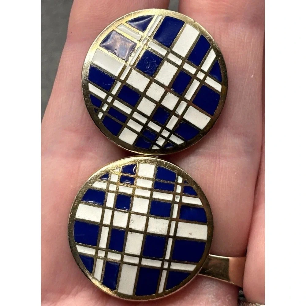 Vintage Gold Tone Blue Enamel Plaid Pattern Modernist MCM Enamel Cufflinks